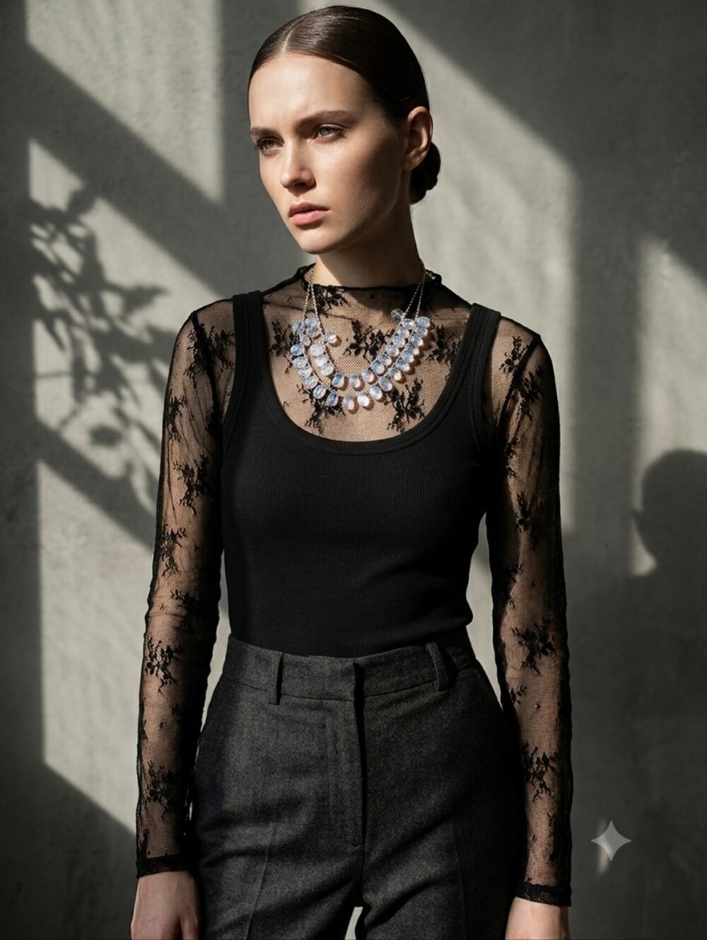 NWT Whimsigoth Sheer Black Floral Lace Top Mock Neck Mesh Long Sleeve Layering